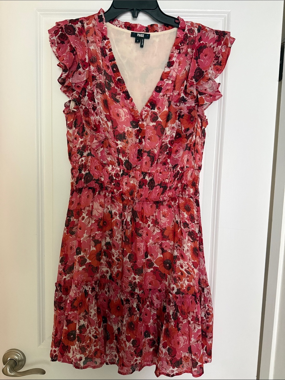 PAIGE Pink & Red Floral V-Neck Ruffle Dress